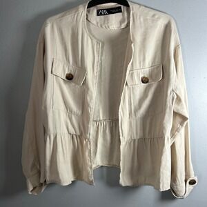 Zara Womens Cream Beige Peplum Utility Jacket Open Front Cargo Pocket Size Med
